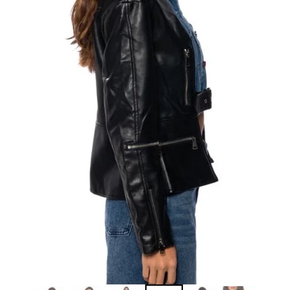 AKIRA NWOT M & L 2-in-1 faux black leather and denim moto riding on trend jacket - Picture 6 of 9